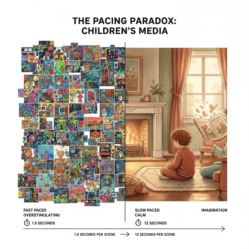 Comparison of fast-paced children's content with rapid scene changes versus slow-paced storytelling with calm, held scenes