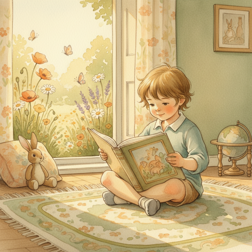 Watercolor illustration of a child peacefully reading a picture book in a sunlit room