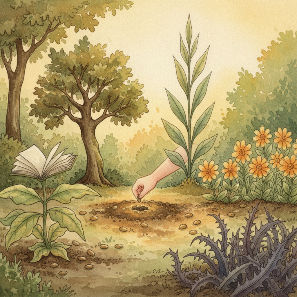 Watercolor garden where plants representing curiosity, courage, and kindness grow from seeds